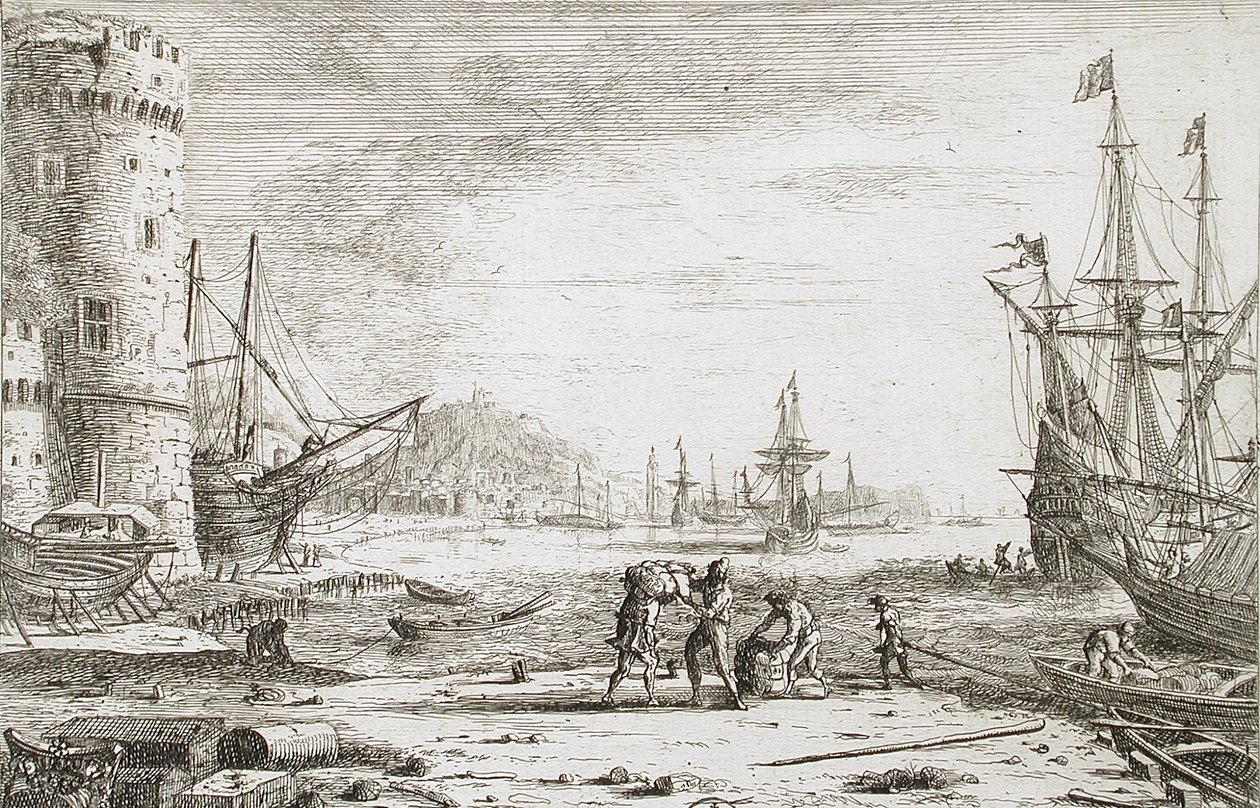 Hafen mit großem Turm von Claude Lorrain