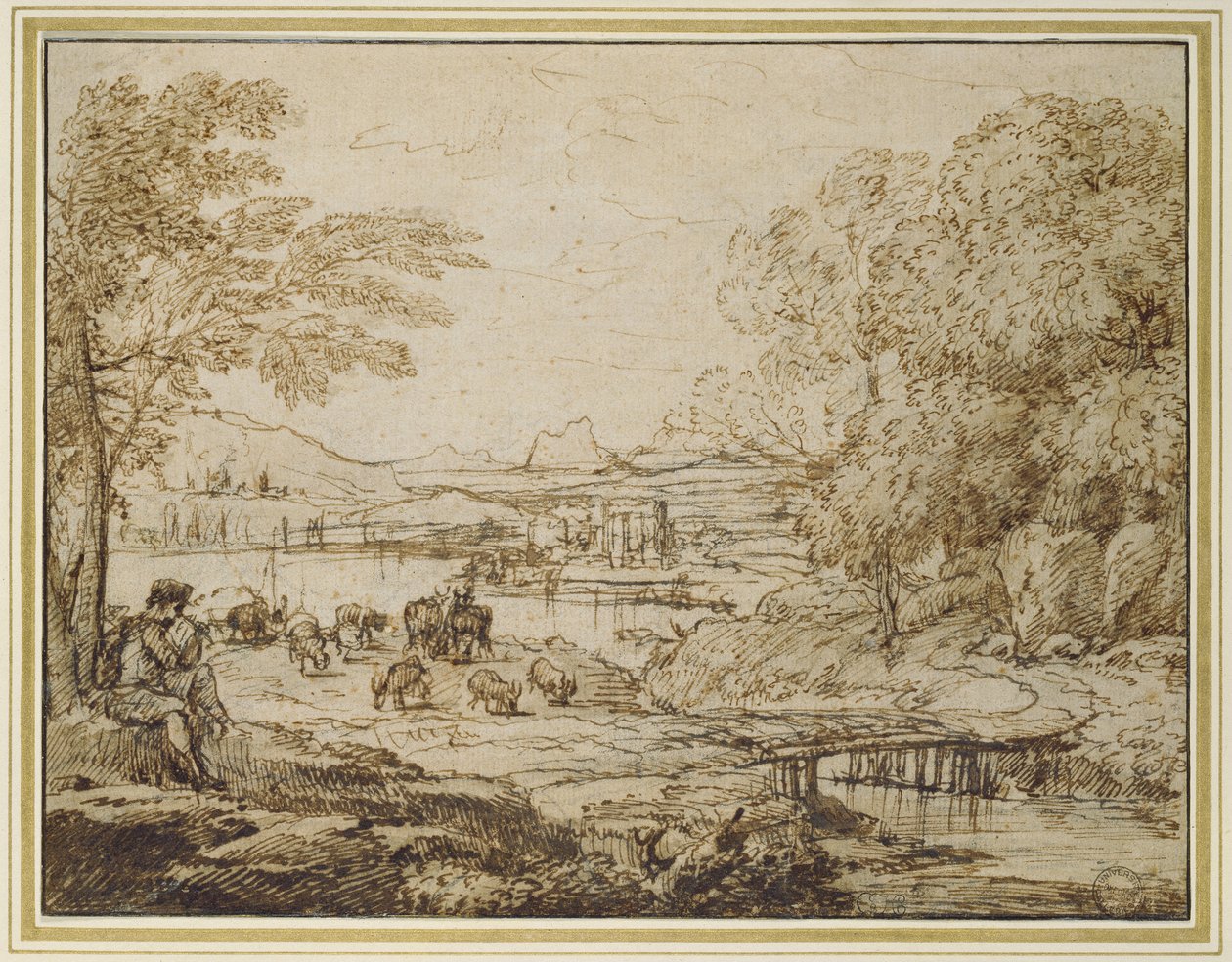 Jugendlicher spielt eine Pfeife in einer pastoralen Landschaft, ca. 1640er von Claude Lorrain