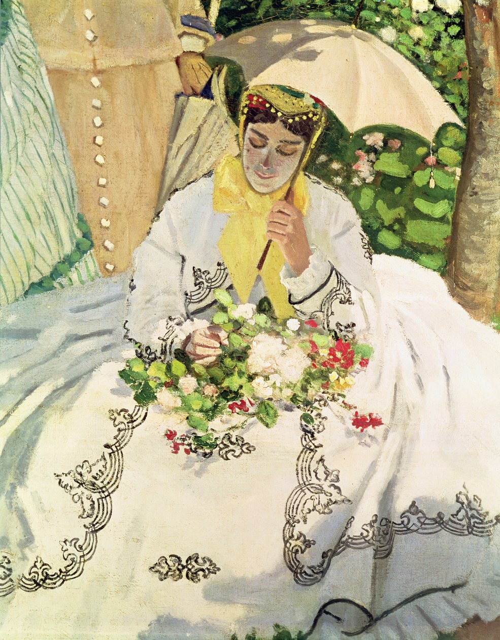 Frauen im Garten (Detail) einer sitzenden jungen Frau mit Sonnenschirm von Claude Monet