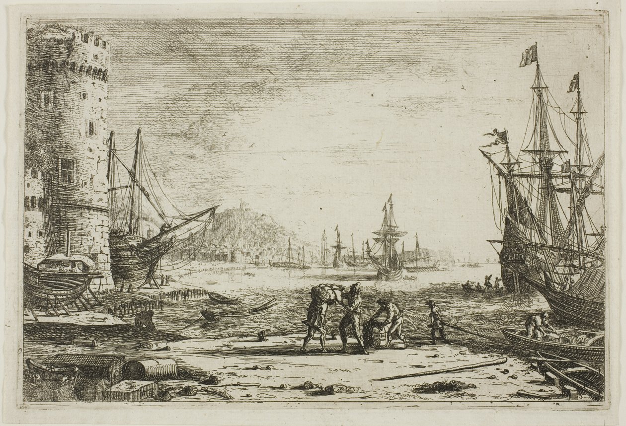 Hafen mit einem großen Turm von Claude Lorrain