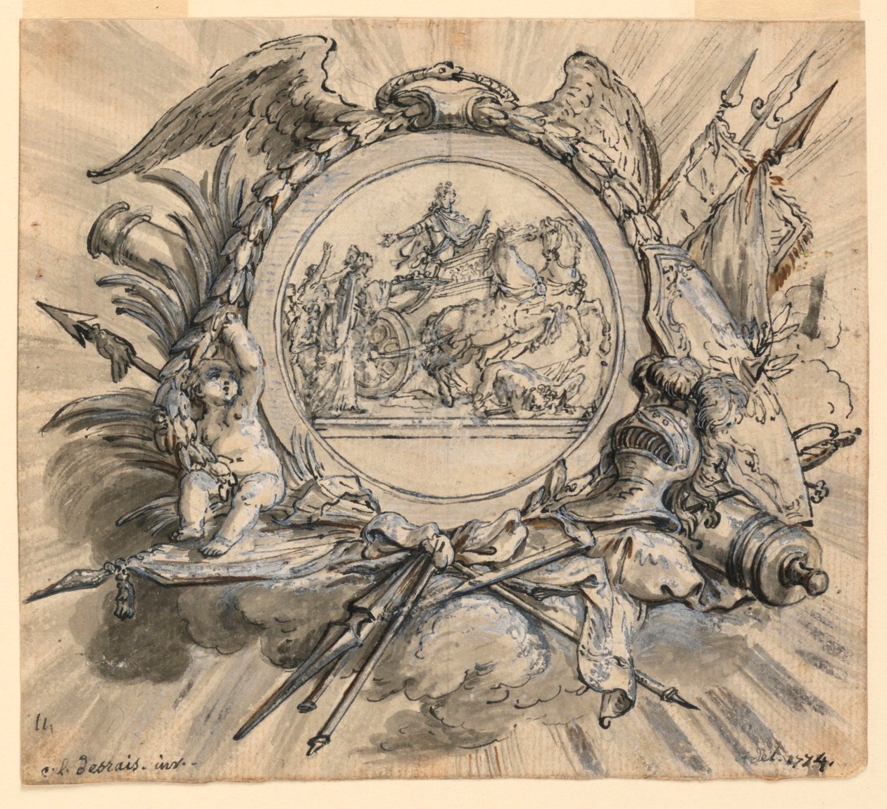 Kartusche mit Kriegsattributen von Claude Louis Desrais