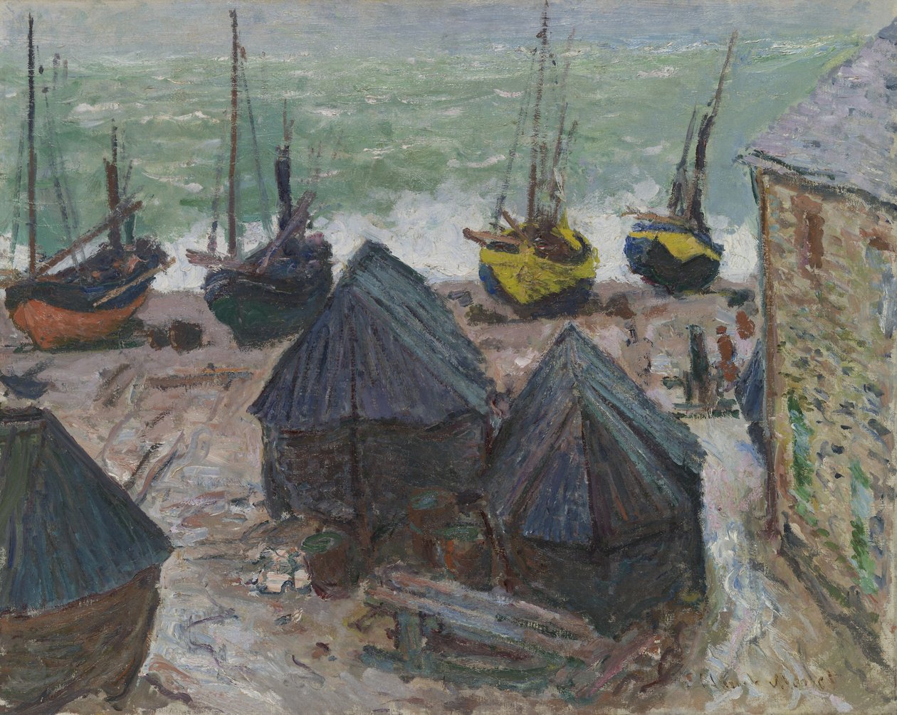 Boote am Strand von Étretat von Claude Monet