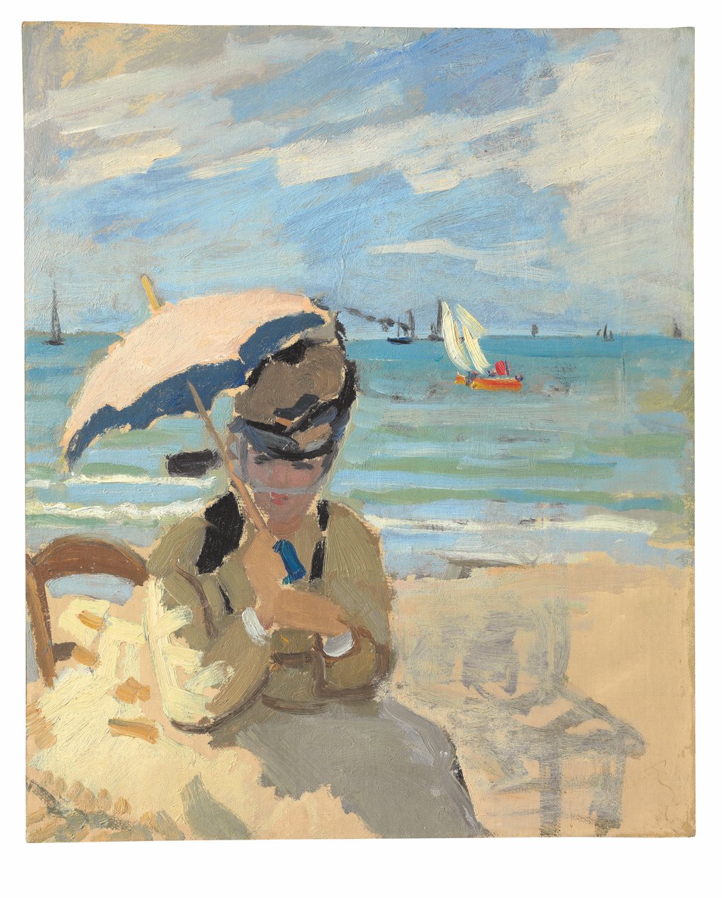 Camille sitzt am Strand von Trouville von Claude Monet