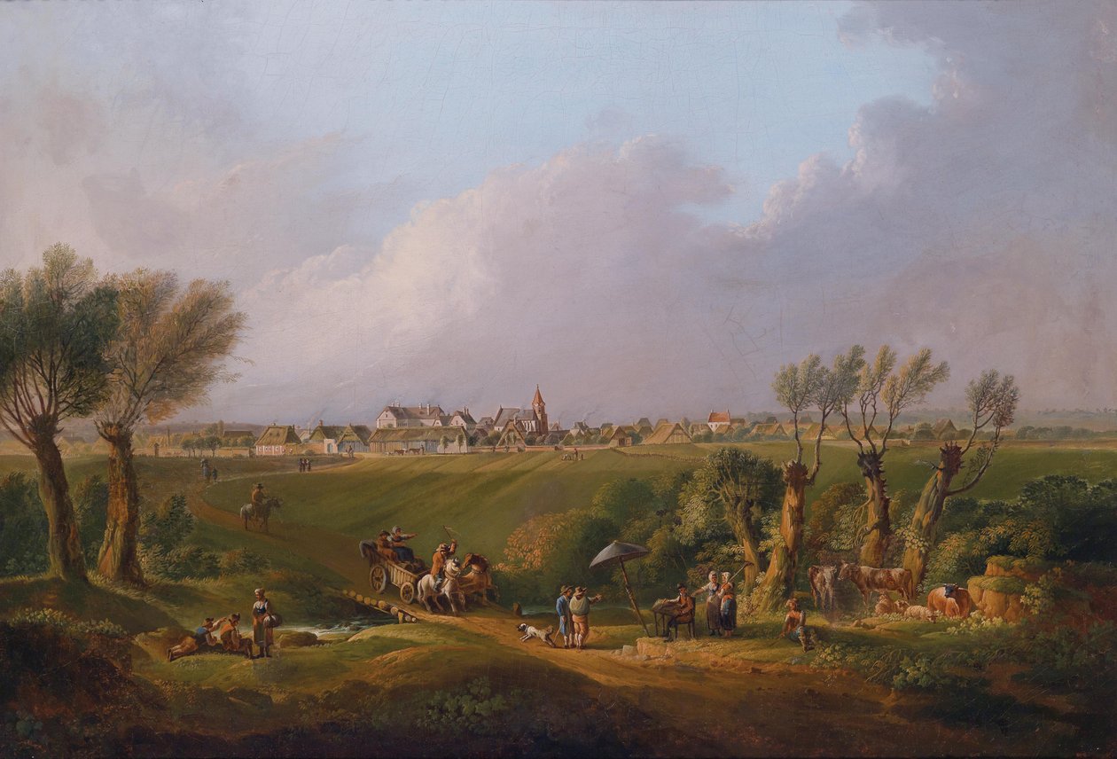 Motiv aus dem Marchfeld mit dem Ort Ebenthal im Hintergrund, im Vordergrund der Maler an der Staffelei von Conrad Bühlmayer