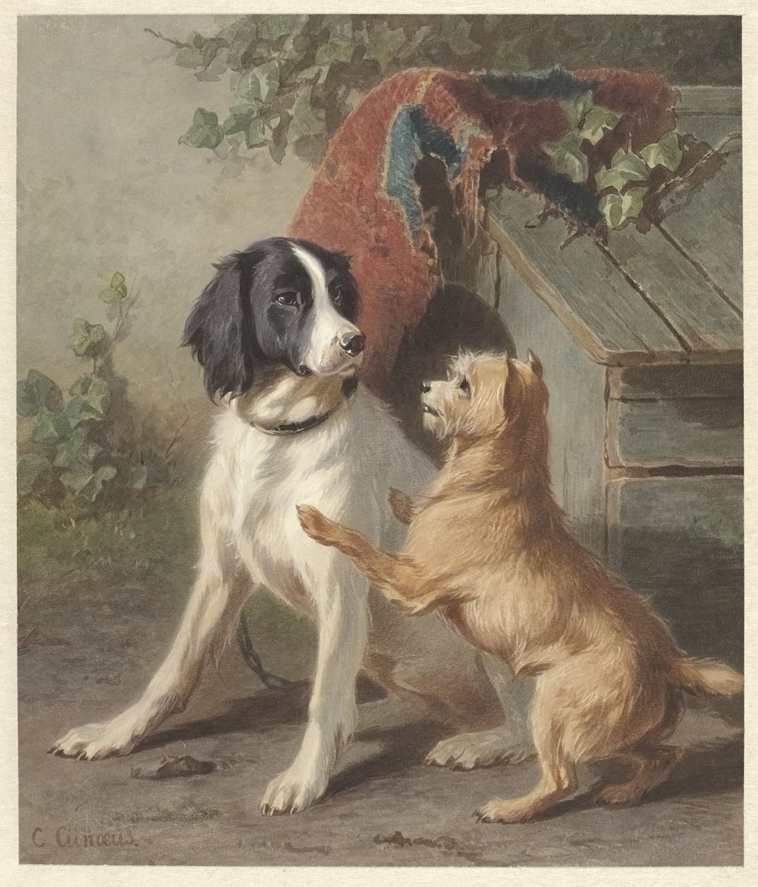 Zwei Hunde bei einer Hütte von Conradijn Cunaeus