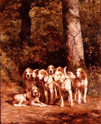 Jagdhunde in einer bewaldeten Landschaft von Constant Emile Troyon
