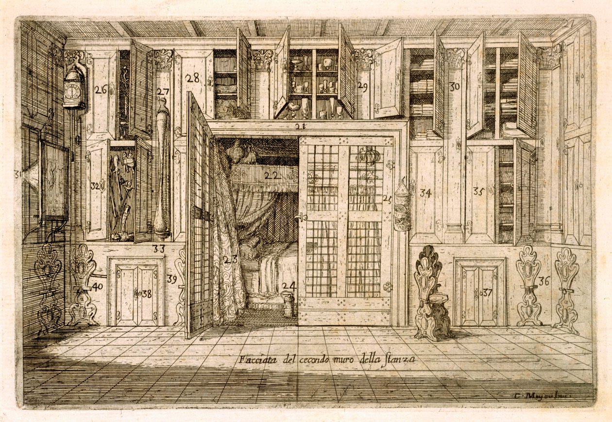 Innenraum, Zeichensaal (Studie aus Cornelio Meyers Buch des Wissens, 1696, Gravur) von Cornelis Jansz. Meyer