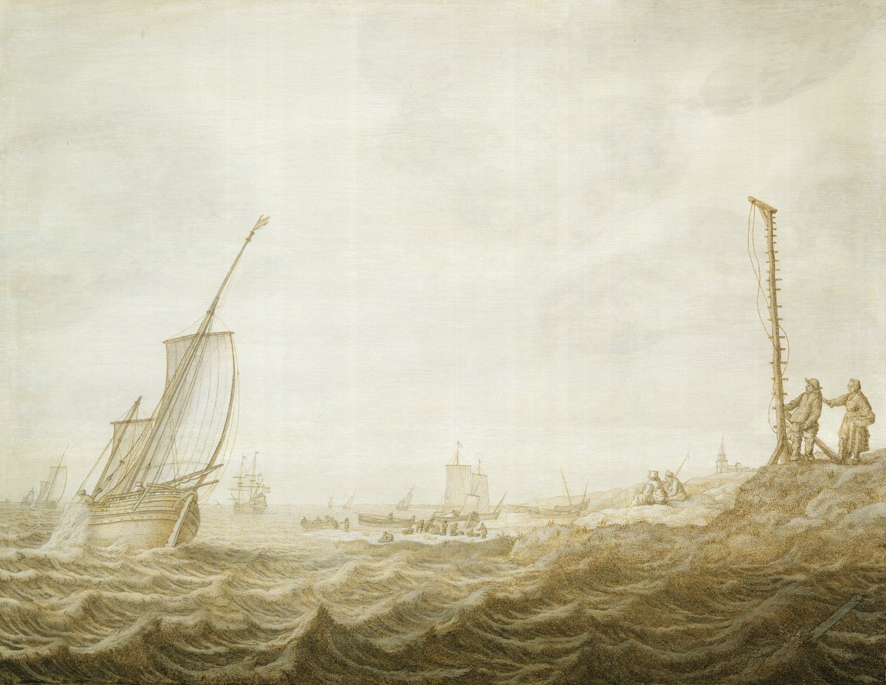 Eine Grisaille einer Küstenszene mit Figuren von Cornelis Pietersz. de Mooy