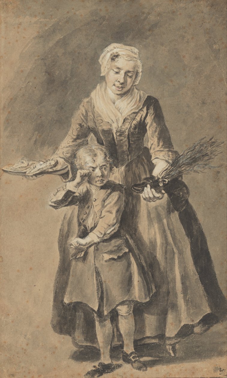 Eine Mutter zeigt ihrem weinenden Sohn seinen Schuh aus Ruten von Cornelis Troost