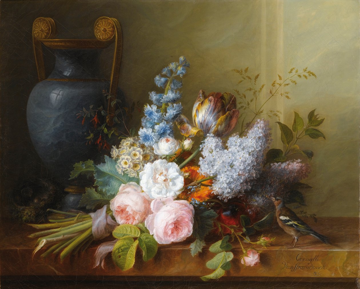 Blumenstrauß mit einem Vogelnest von Cornelis van Spaendonck