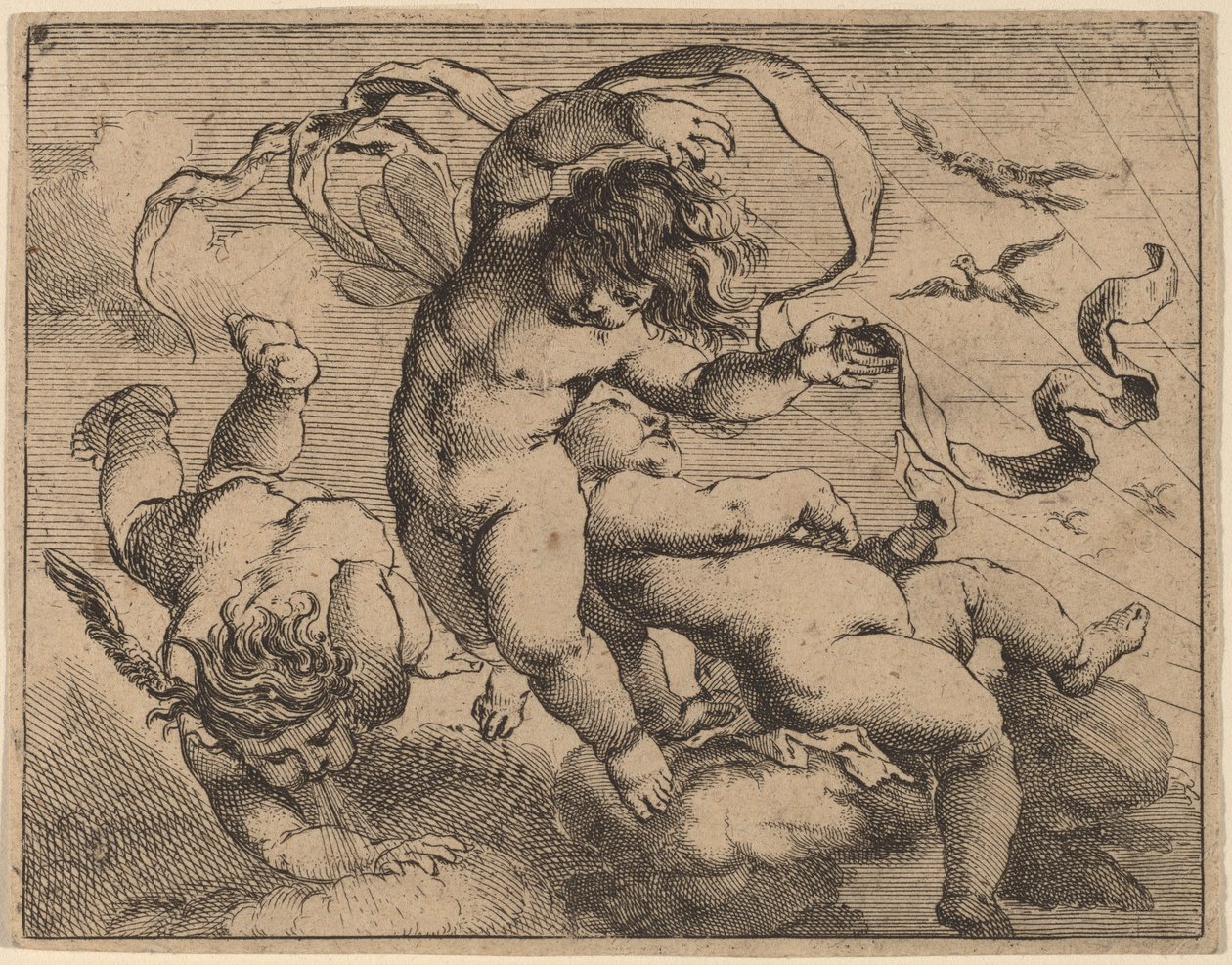 Drei fliegende Putti von Cornelis Schut I