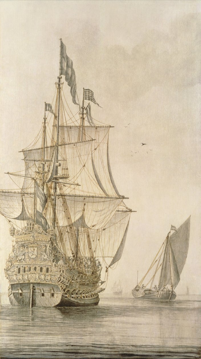 Ein Kriegsschiff unter Segeln, vom Heck aus gesehen, mit einem Boeiler in der Nähe von Cornelius Bouwmeester