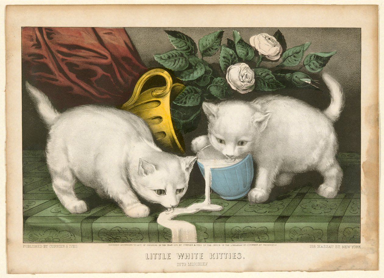 Kleine weiße Kätzchen beim Unfug von Currier and Ives