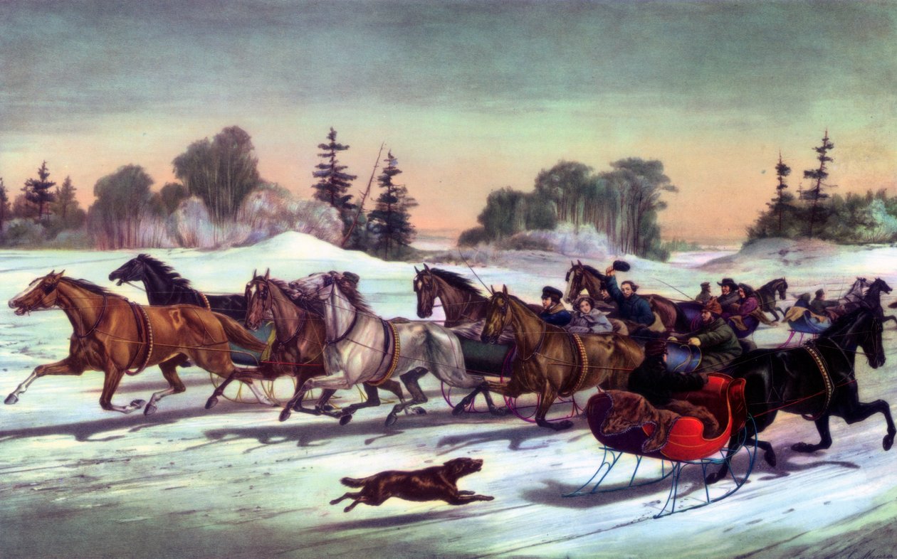 Trabrennen im Schnee, 1858 von Currier and Ives