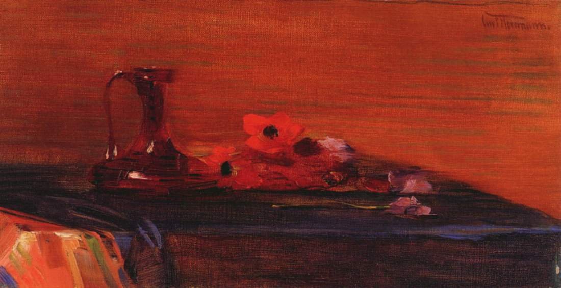 Stillleben mit Anemonen und dunkelroter Glaskaraffe von Curt Herrmann