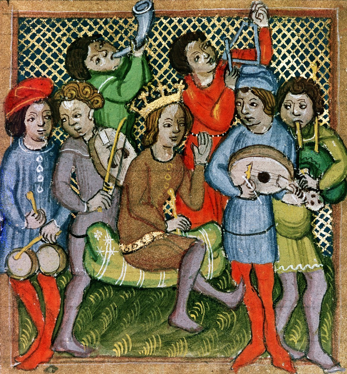 Sitzende gekrönte Figur umgeben von Musikern, die Laute, Dudelsack, Triangel, Horn, Viola und Trommeln spielen (Manuskript) von Czech School