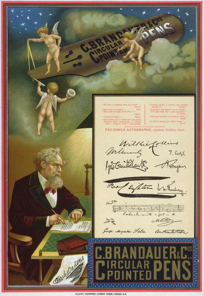 Werbung für C. Brandauer und Co. Rundspitzfedern von Dalziel Brothers