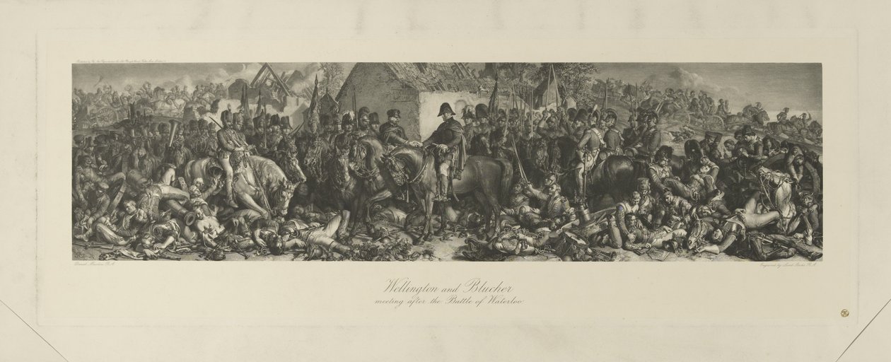 Wellington und Blücher treffen sich nach der Schlacht von Waterloo, 1815, Gravur von Lumb Stocks (1812-92) von Daniel Maclise