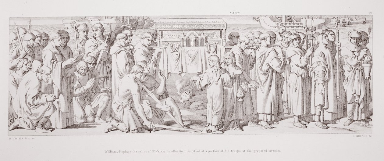 William zeigt die Reliquien von St. Valery, um die Unzufriedenheit eines Teils seiner Truppen bei der geplanten Invasion zu besänftigen, aus 