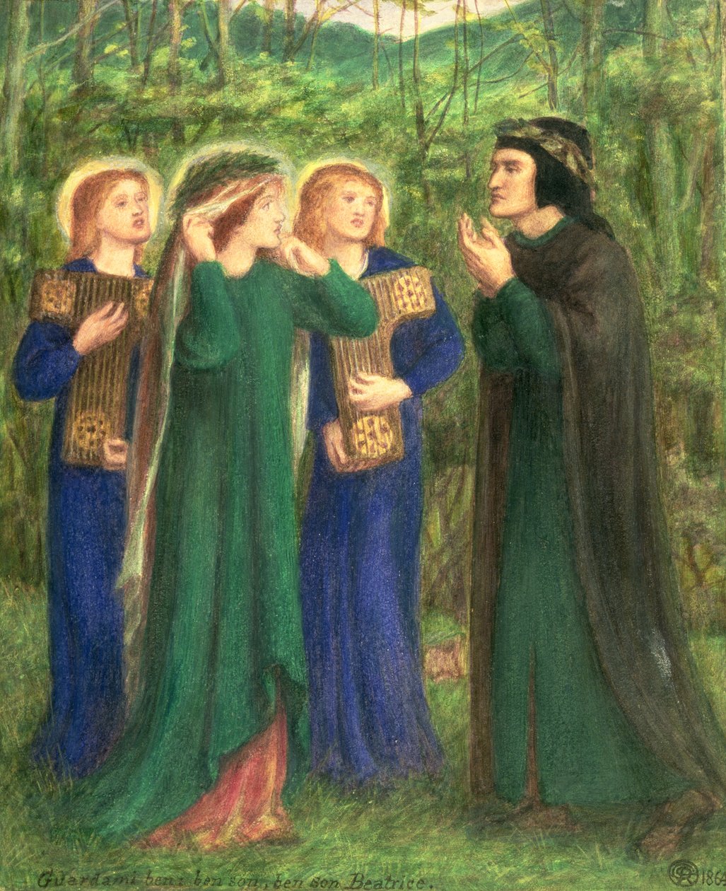 Dante trifft Beatrice von Dante Gabriel Charles Rossetti