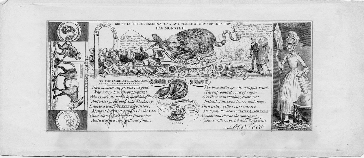 Großer Locofoco-Juggernaut: ein neuer tröstlicher Sub-Treasury-Rag-Monster, ca. 1837 (Kupferstich) von David Claypoole Johnston