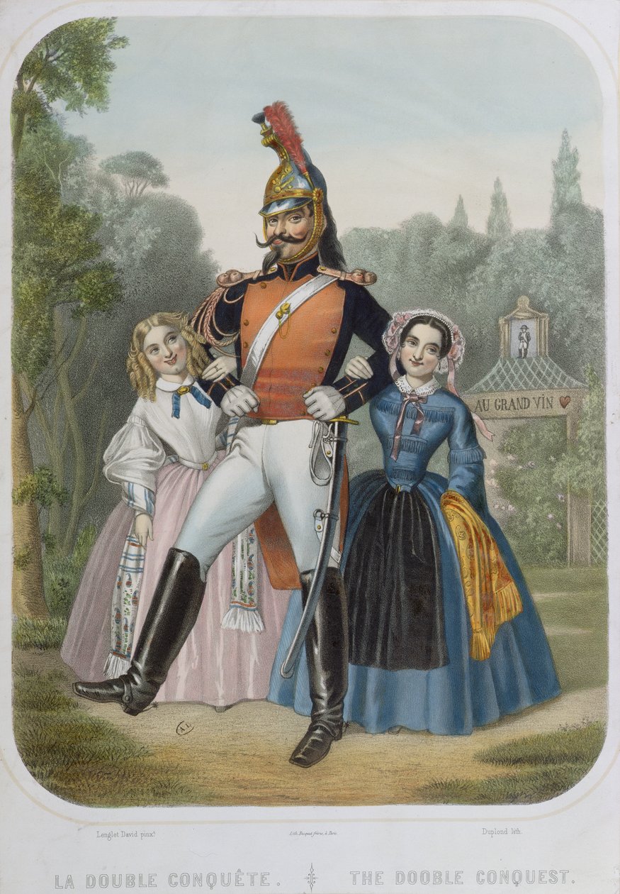 Die doppelte Eroberung, Karikatur, die Napoleon III. in einem abwertenden Vergleich mit seinem Onkel Napoleon Bonaparte, dem Siegreichen, darstellt von David Lenglet