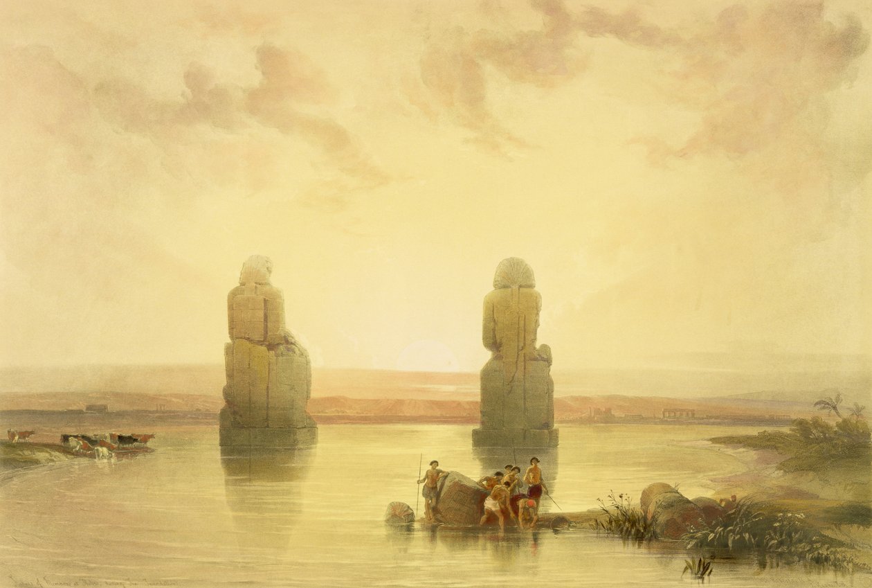 Die Kolosse von Memnon in Theben während der Überschwemmung, aus Ägypten und Nubien, Band 1 von David Roberts