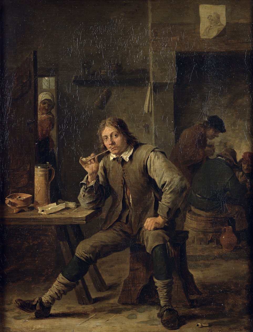 Ein Raucher, der sich auf einen Tisch lehnt, 1643 von David Teniers the Younger