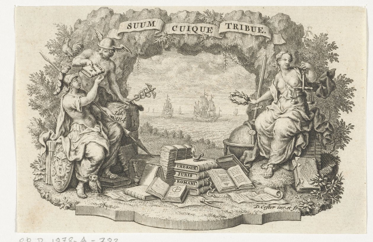 Vignette mit Merkur, Minerva und Gerechtigkeit von David Coster