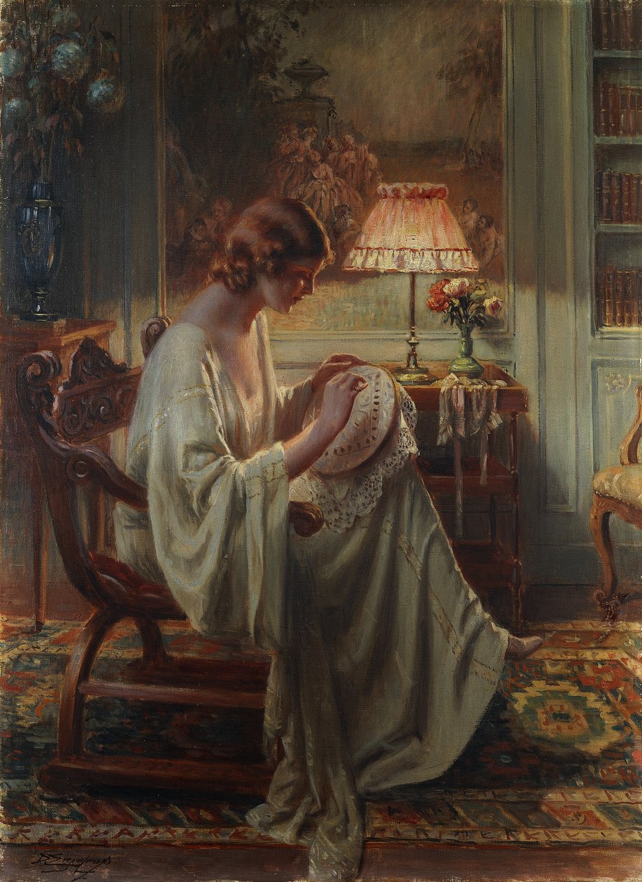 Eine Dame, die in einem Innenraum näht von Delphin Enjolras