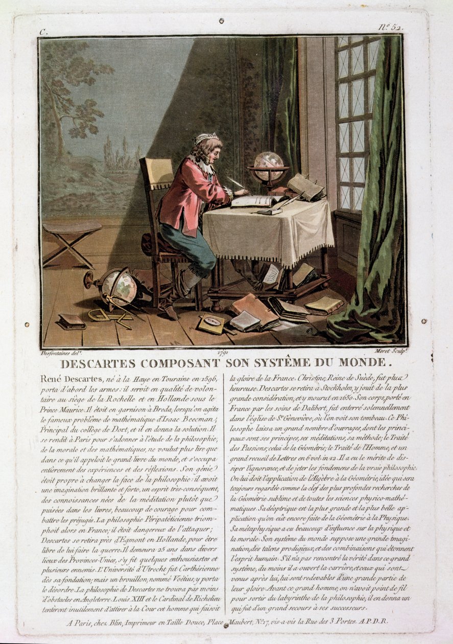 Rene Descartes (1596-1650) schreibt sein Weltsystem, graviert von Jean Baptiste Moret, 1791 von Desfontaines