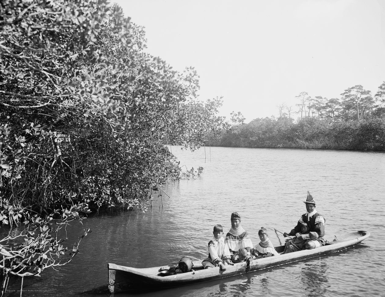 Seminole-Indianer und Familie im Einbaum, Miami, Florida, ca. 1910-20 von Detroit Publishing Co.