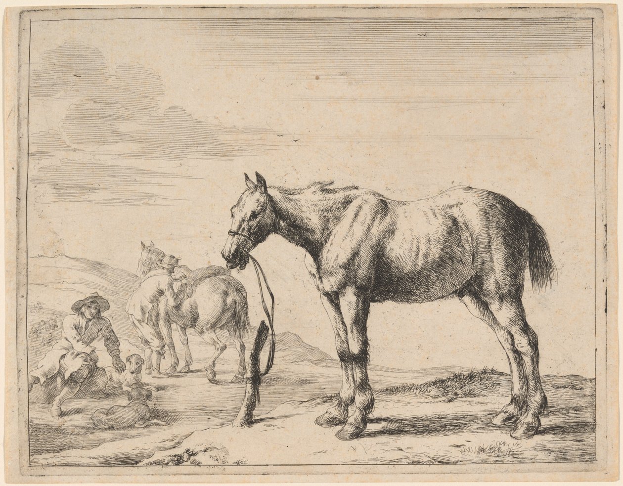 Ein Pferd an einen Pfosten gebunden von Dirck Stoop