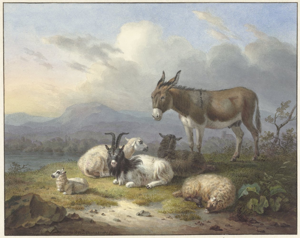 Landschaft mit Esel, Ziege und Schafen von Dirk van Oosterhoudt