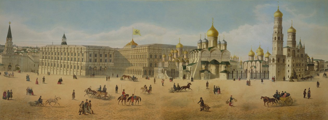 Der Große Kremlpalast und die Kathedralen der Verkündigung und des Erzengels, aus einem Panorama von Moskau, graviert von Philippe Benoist und Aubrun, veröffentlicht von Lemercier, ca. 1840 von Dmitri Indieitzeff