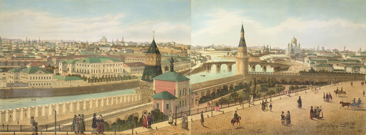 Blick flussabwärts vom Kreml, einschließlich der Kirche Unseres Erlösers, aus einem Panorama von Moskau, graviert von Philippe Benoist (1813-ca. 1905) und Aubrun, veröffentlicht von Lemercier, ca. 1840 von Dmitri Indieitzeff