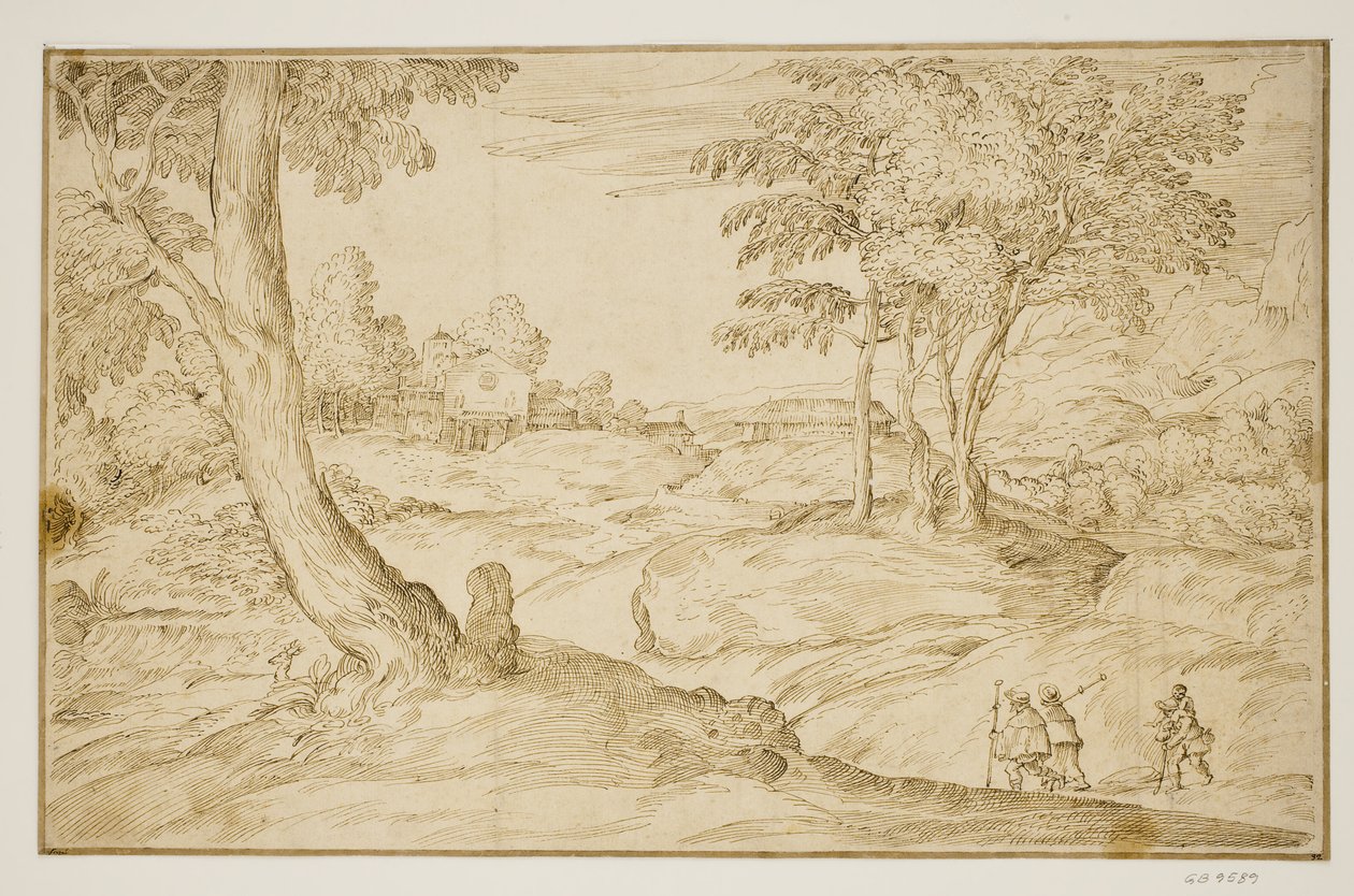 Landschaft mit Pilgern, die sich einer Kirche nähern von Domenico Campagnola
