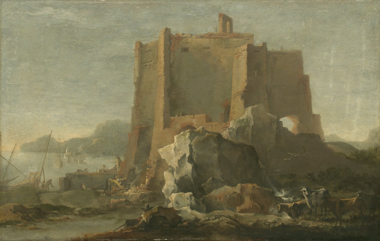 Landschaft mit Felsen und Festung, ca. 1640-50 von Domenico Gargiulo