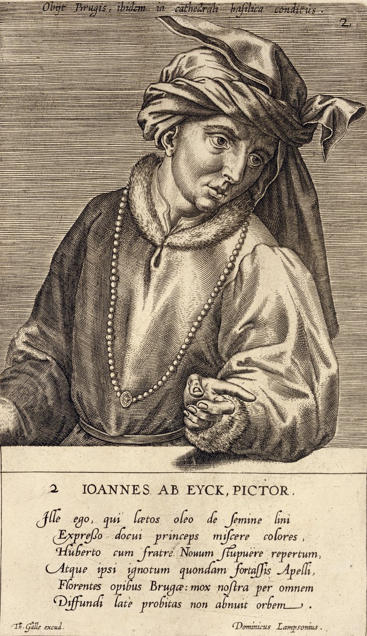 Porträt von Jan van Eyck (ca. 1390-1441) Tafel 2 in einer Serie von Künstlerporträts, graviert von Theodor Galle (1571-1633) von Dominicus Lampsonius