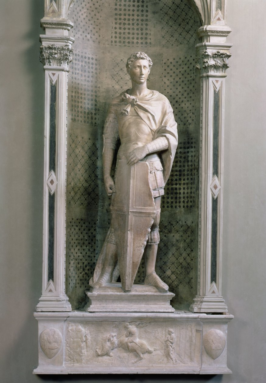 St. Georg in einer Nische mit Relief von St. Georg, der den Drachen tötet (Marmor) (nach der Restaurierung) von Donatello