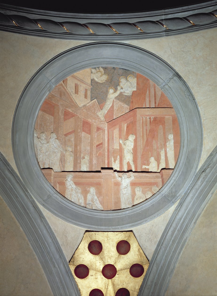Die Himmelfahrt des Heiligen Johannes, Spandrel-Medaillon, um 1425 von Donatello