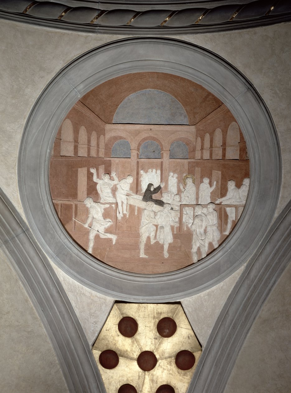 Die Erweckung der Drusiana, Spandrel-Medaillon, um 1425 von Donatello