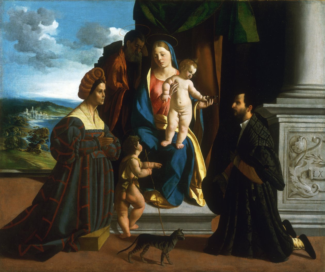 Die Heilige Familie mit dem jungen Johannes dem Täufer, einer Katze und zwei Stiftern von Dosso Dossi