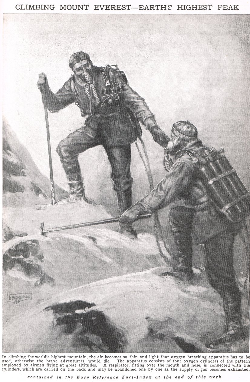 Besteigung des Mount Everest, Illustration aus Newnes Pictorial Book of Knowledge, um 1920 von Duncan McPherson