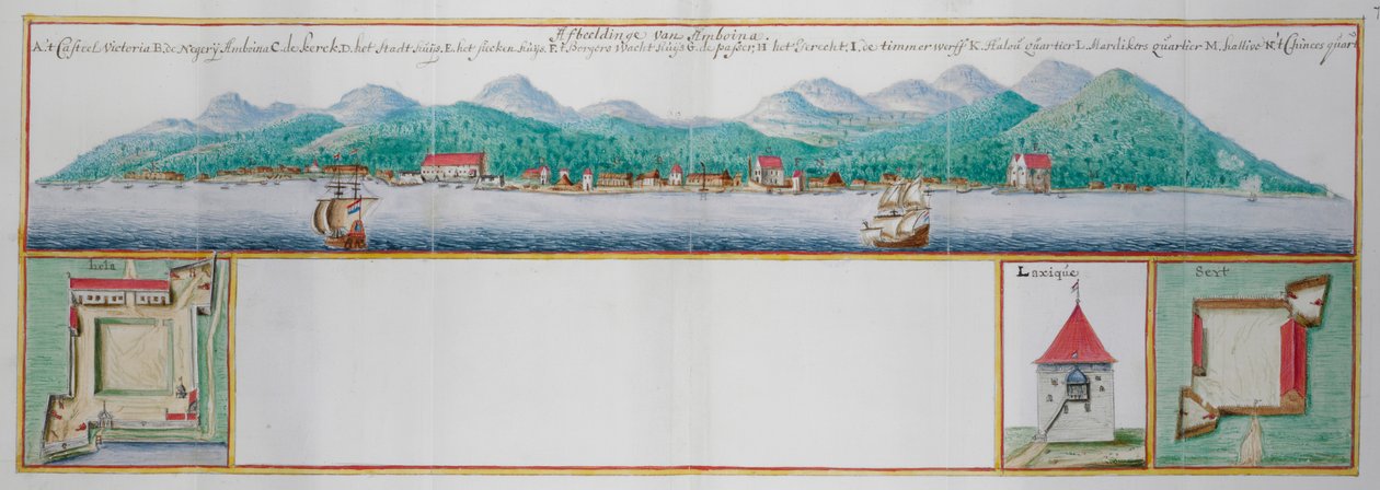 Kolorierte Ansicht von Amboyna von Dutch School