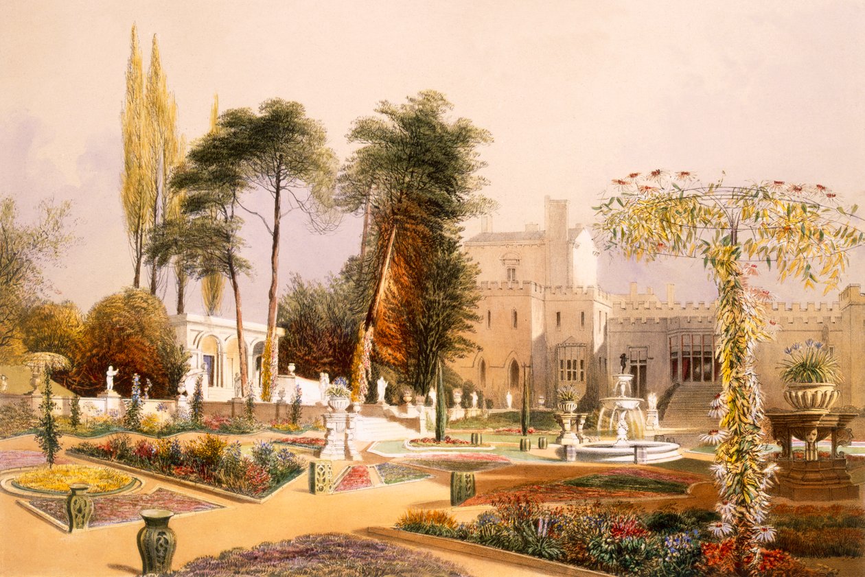 Das Parterre in den Gärten von Wilton, dem Sitz des Earl of Pembroke (Chromolithographie) von E. Adveno Brooke