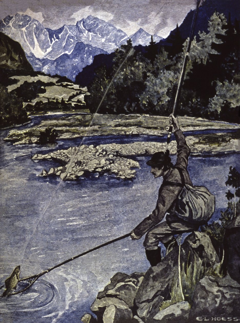Angeln in einem Fluss, ca. 1900 (Illustration) von E. L. Hoess