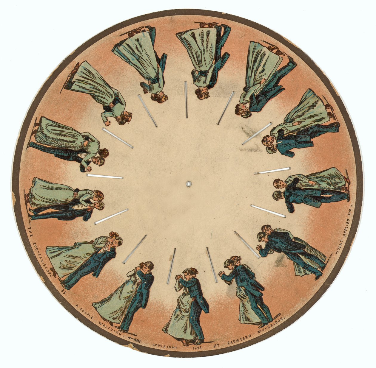 Zoopraxiskop-Scheibe zeigt ein Paar beim Walzer, 1893 von Eadweard Muybridge