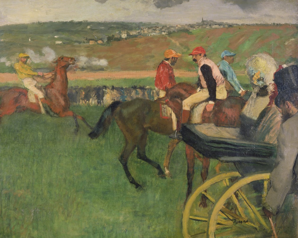 Die Rennbahn - Amateurjockeys in der Nähe einer Kutsche, ca. 1876-87 von Edgar Degas