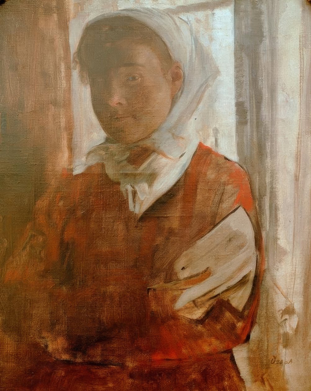 Junge Frau mit weißem Kopftuch von Edgar Degas